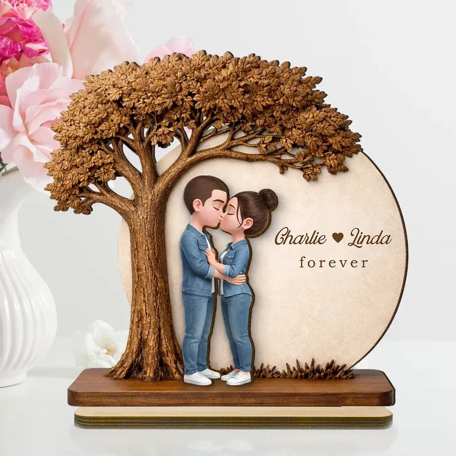 2-Layer Wooden Plaque Personalized Couple Love Tree Design Sweet Romantic Display for Bedroom or Living Room Unique Gift
