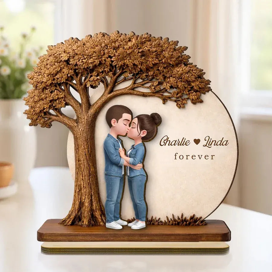 2-Layer Wooden Plaque Personalized Couple Love Tree Design Sweet Romantic Display for Bedroom or Living Room Unique Gift